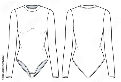 Girl`s Bodysuit fashion flat technical drawing template. Round neck Bodysuit with long sleeve fashion CAD mockup, front and back view, white.