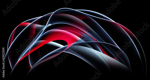 3d render of abstract art with part of surreal alien flower ball in curve wavy organic spherical biological lines forms in transparent glowing material in red purple white gradient color on black