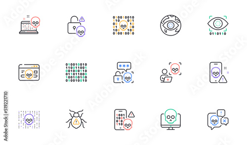Cyber attack line icons. Phishing risk, Data ransomware, Binary code. Hacker attack, Virus secure, Malware bug outline icons. Cyber crime, Safe password and Data phishing. System hacking skull. Vector
