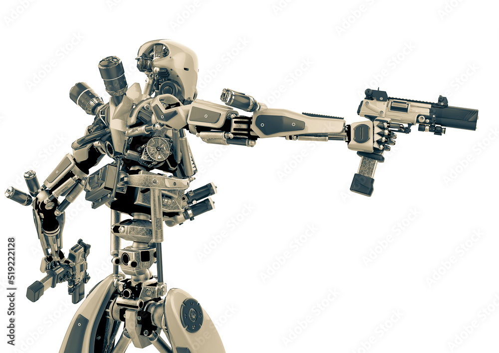 super robot is holding two pistols rear view super robot is holding two pistols rear view