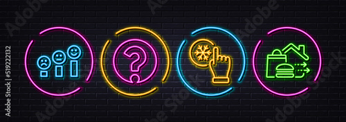 Question mark, Freezing click and Customer satisfaction minimal line icons. Neon laser 3d lights. Food delivery icons. For web, application, printing. Vector