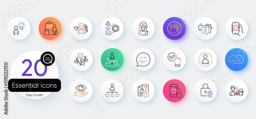 Simple set of Do not touch, Search employee and Health eye line icons. Include Checkbox, Business podium, Work home icons. Like, Woman love, Vaccination web elements. Heart rating. Vector