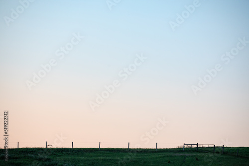 Pasture field with a fence on a hill under a pastel sky in the evening   farm land in Amish country  Ohio