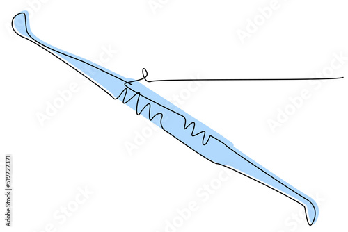 Dental curette, apparatus for the dentist, instrument for dentistry, care of the oral cavity. Color drawing in one line style, vector on a white background. For medical textbooks, brochures, packages.