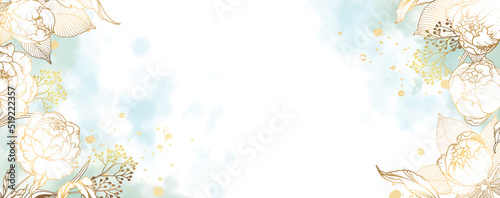 Luxurious golden wallpaper. Banner with white background blue and green watercolor stains and flowers. Golden peonies leave wall art with a shiny light texture. Vector illustration.