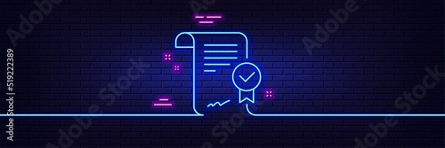 Neon light glow effect. Approved agreement line icon. Verified document sign. Accepted or confirmed symbol. 3d line neon glow icon. Brick wall banner. Approved agreement outline. Vector