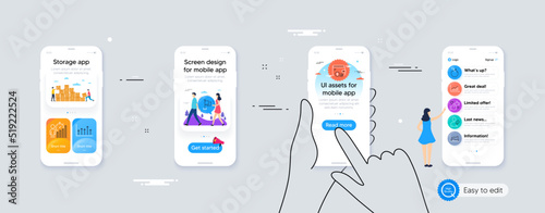 Growth chart, Apple and Refer friend line icons for website, printing. Phone ui interface. Collection of Flag, Like, Graph icons. Wallet, Business statistics, Trade chart web elements. Vector