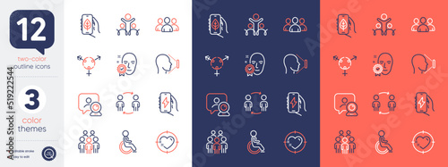 Set of Inclusion, Charging app and Group people line icons. Include Disability, Face verified, Ecology app icons. Workflow, Genders, Face id web elements. Group, Heart target, Video conference. Vector