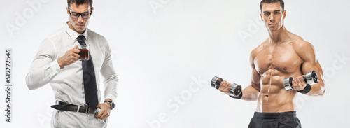 Poster with copy space. Athlete bodybuilder with dumbbells and businessman in a white shirt on a white background. Bsuiness and fitness concept. © Mike Orlov