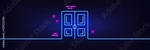 Neon light glow effect. Door line icon. Building entrance sign. Exit doorway symbol. 3d line neon glow icon. Brick wall banner. Door outline. Vector