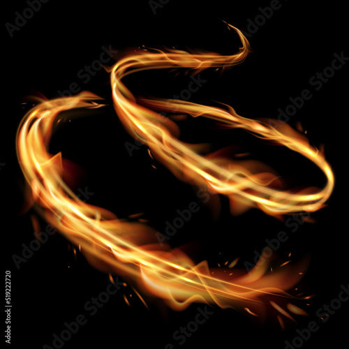 Golden spiral with fiery effect. Realistic flame tongues