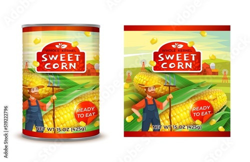 Realistic Detailed 3d Organic Canned Corn with Label Set. Vector illustration of Tin Can Maize Preserve