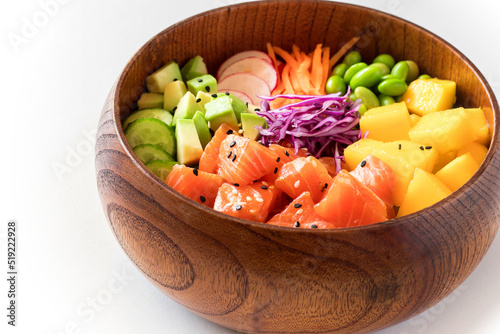 poke bowl salade in wooden bowl isolated on white background zoom photo