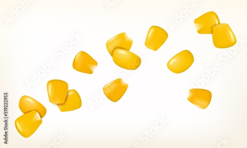 Realistic Detailed 3d Sweet Organic Corny Grains Flying Isolated on a White Background. Vector illustration of Maize Kernels