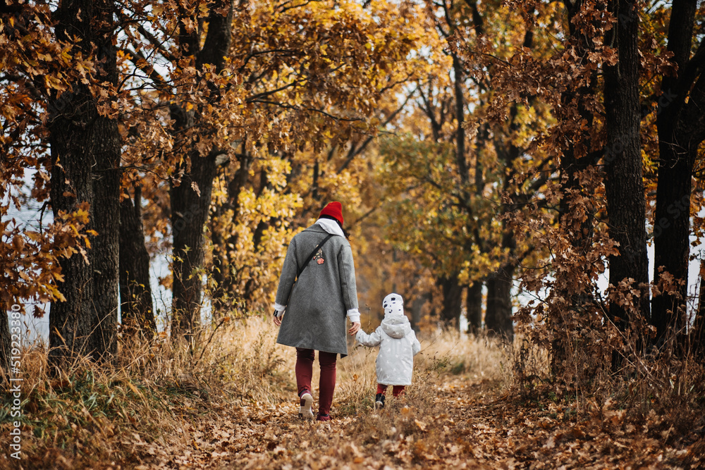 Fototapeta premium Mother and little baby daughter walking together in autumn park, forest. Mother with toddler daughter