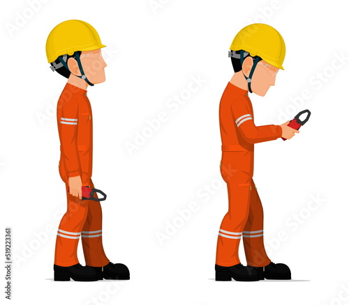 Industrial workers with clamp meter on white background