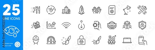 Outline icons set. Scroll down  File settings and Employee hand icons. Foreman  Present delivery  Brush web elements. Covid app  Lgbt  Rocket signs. Repair  Seo analysis  Password encryption. Vector