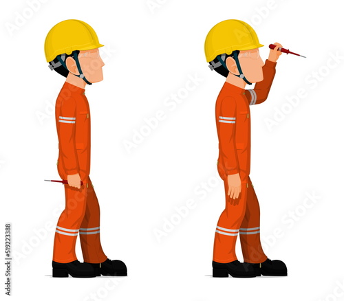 Industrial workers with screwdriver tester on white background