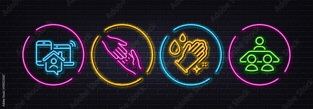 Work home, Washing hands and Helping hand minimal line icons. Neon laser 3d lights. Interview job icons. For web, application, printing. Outsource work, Gloves, Give gesture. Consulting. Vector