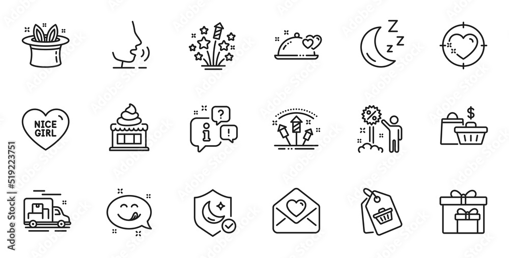 Outline set of Yummy smile, Discount and Ice cream line icons for web application. Talk, information, delivery truck outline icon. Include Sale bags, Fireworks stars, Nice girl icons. Vector