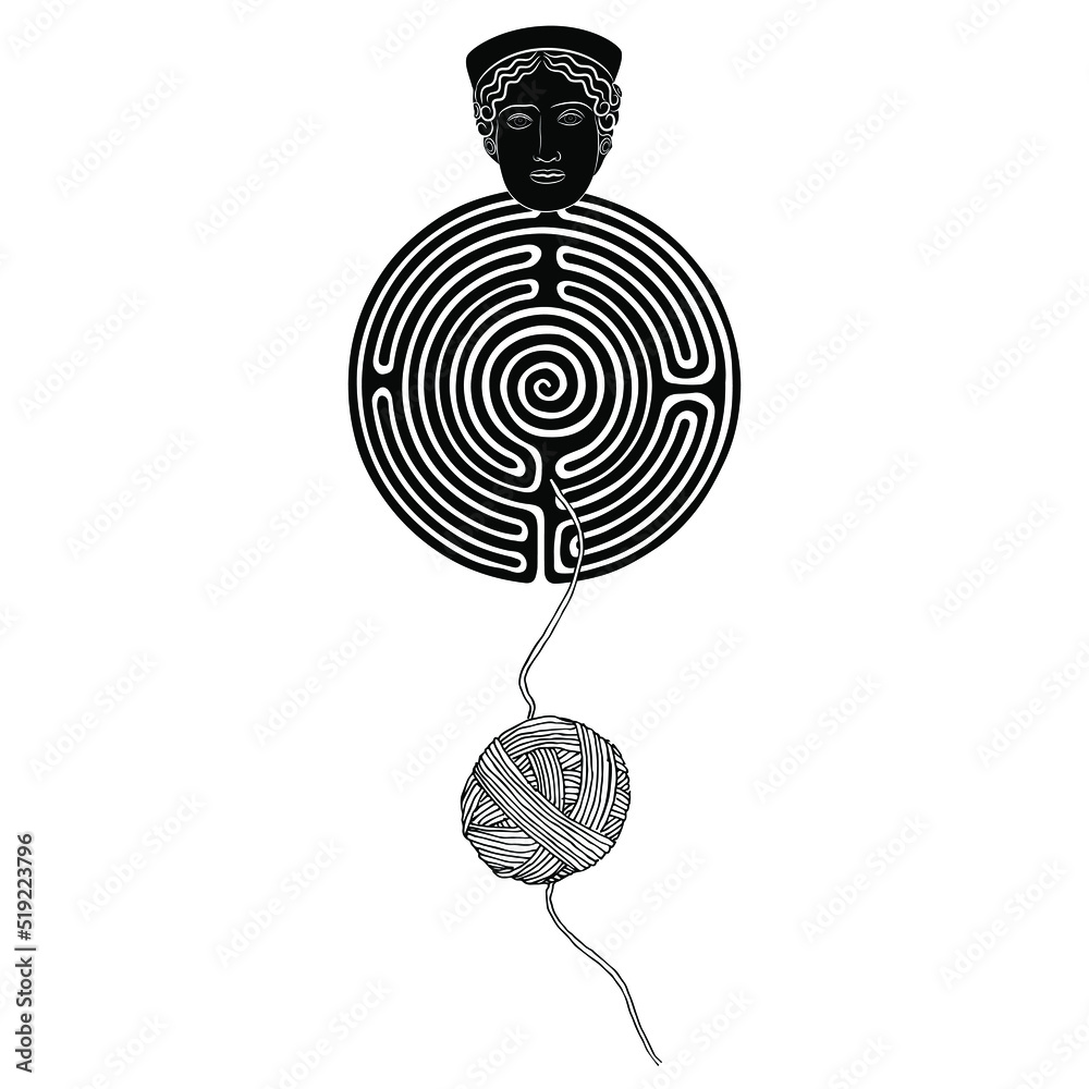 Round spiral maze or labyrinth symbol with female head of antique ...