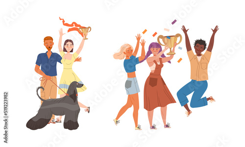People celebrating victory set. Happy people with golden goblets won at dog show and contest vector illustration