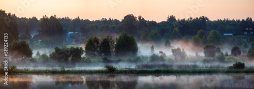 Morning on the river early morning reeds mist fog and water surface on the river. Beautiful natural landscape. Summer travel