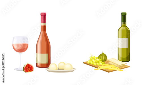 Bottles of white and rose wine served with appetizers set. Cheese, figs and grapes snacks vector illustration
