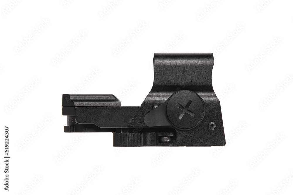 Modern optical collimator sight. Aiming device for shooting at short distances. Red dot sight isolate on white back. Modern optical collimator sight. Aiming device for shooting at short distances. Red dot sight isolate on white back.