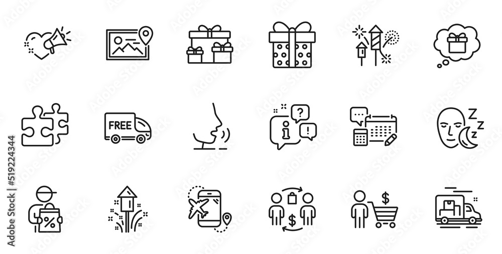 Outline set of Gift dream, Photo location and Surprise boxes line icons for web application. Talk, information, delivery truck outline icon. Vector Outline set of Gift dream, Photo location and Surprise boxes line icons for web application. Talk, information, delivery truck outline icon. Vector