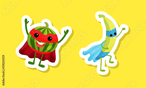 Funny fruit superhero stickers set. Funny banana and watermelon characters wearing mask and cloak cartoon vector illustration