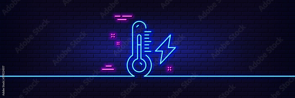 Neon light glow effect. Electricity power line icon. Lightning bolt with thermometer sign. Electric energy symbol. 3d line neon glow icon. Brick wall banner. Electricity power outline. Vector Neon light glow effect. Electricity power line icon. Lightning bolt with thermometer sign. Electric energy symbol. 3d line neon glow icon. Brick wall banner. Electricity power outline. Vector