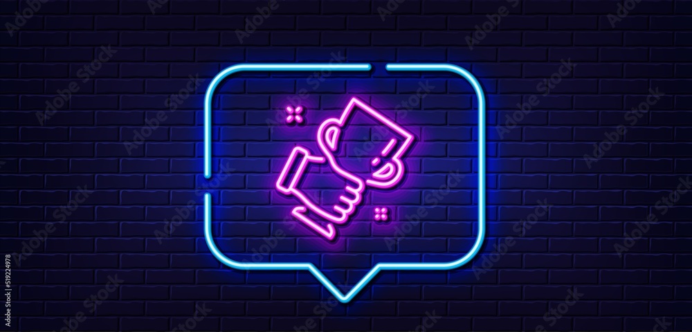 Neon light speech bubble. Winner cup line icon. Hold trophy sign. Best achievement symbol. Neon light background. Winner cup glow line. Brick wall banner. Vector Neon light speech bubble. Winner cup line icon. Hold trophy sign. Best achievement symbol. Neon light background. Winner cup glow line. Brick wall banner. Vector