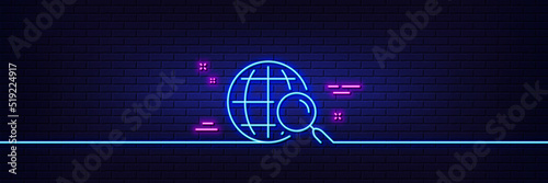 Neon light glow effect. Web search line icon. Find internet results sign. 3d line neon glow icon. Brick wall banner. Web search outline. Vector