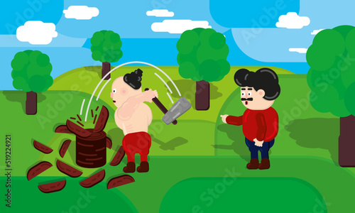 A simple drawing of two figures in the forest. Lumberjack chopping wood against the backdrop of the meadow and the sky.