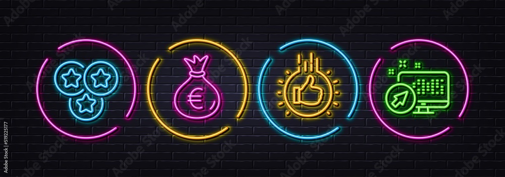 Stars, Money bag and Like hand minimal line icons. Neon laser 3d lights. Web system icons. For web, application, printing. Ranking stars, Euro currency, Thumbs up. Computer. Vector
