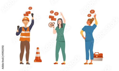 People of different professions protesting, discussing social issues and shouting with megaphone vector illustration