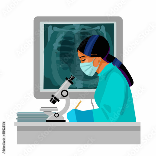 Female doctor in medical mask looking through microscope with lungs x-ray picture. Cartoon flat vector illustration.