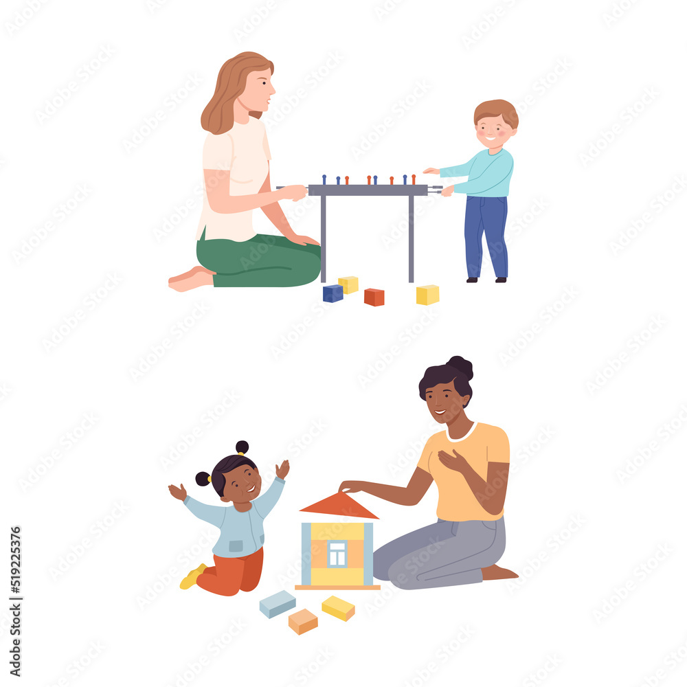 Moms playing with their kids set. Mother and children playing soccer board game and toy blocks vector illustration
