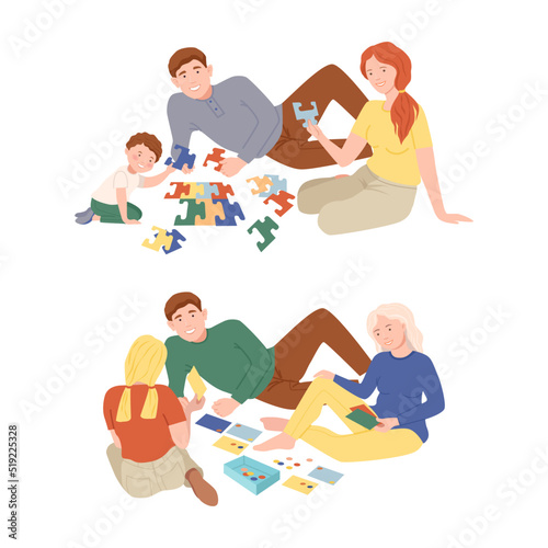 People playing tabletop games set. Families spending good time together at home vector illustration
