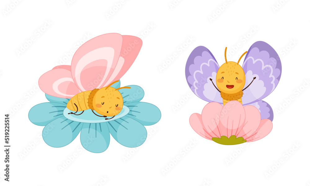 Set of cute butterflies with pink and purple wings set. Cute insects with funny faces cartoon vector illustration Set of cute butterflies with pink and purple wings set. Cute insects with funny faces cartoon vector illustration