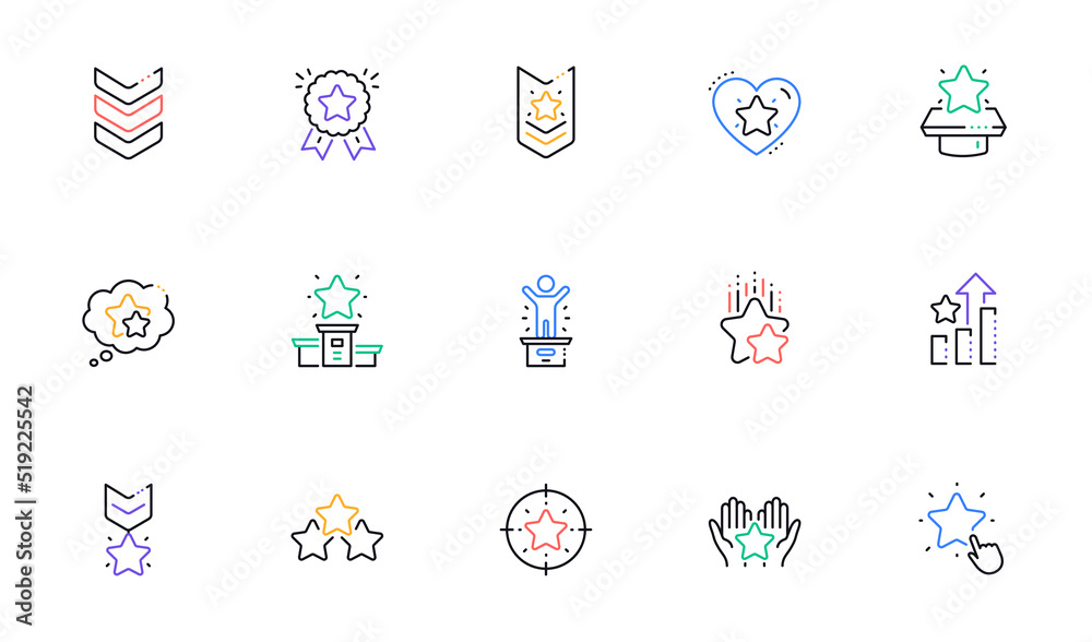 Ranking line icons. First place, star rating and winner medal. Shoulder strap, army achievement and star ranking icons. Linear set. Bicolor outline web elements. Vector Ranking line icons. First place, star rating and winner medal. Shoulder strap, army achievement and star ranking icons. Linear set. Bicolor outline web elements. Vector