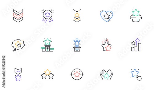 Ranking line icons. First place, star rating and winner medal. Shoulder strap, army achievement and star ranking icons. Linear set. Bicolor outline web elements. Vector