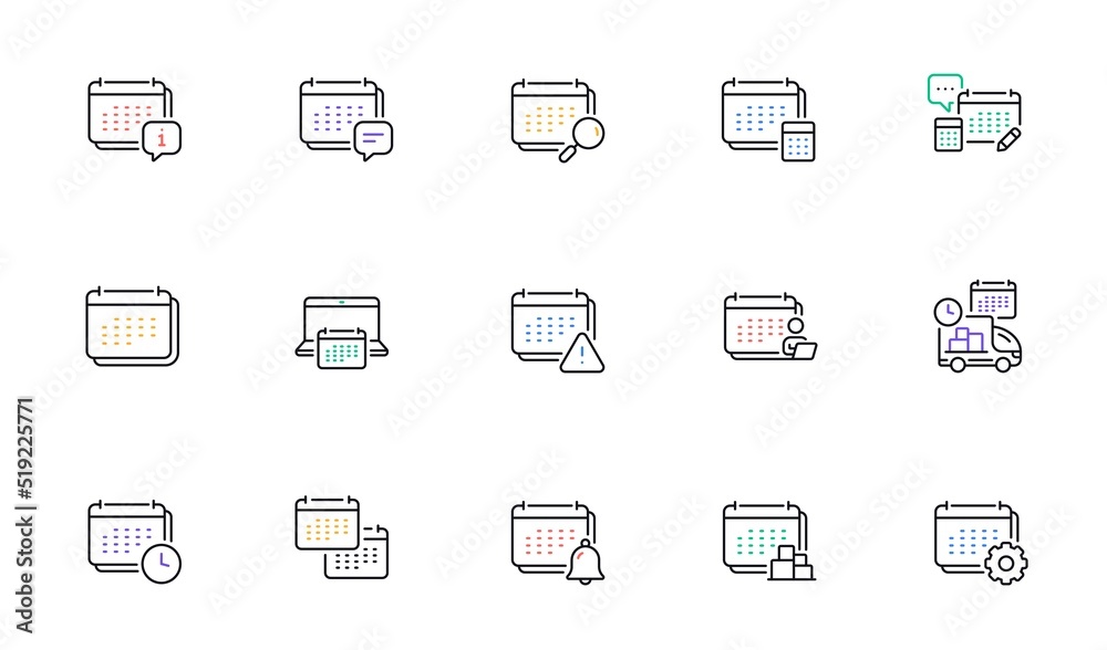 Calendar line icons. Schedule appointment, Event date, Time planner line icons. Account report, Delivery schedule and Diary planner. Event calendar, Deadline notification and month report. Vector Calendar line icons. Schedule appointment, Event date, Time planner line icons. Account report, Delivery schedule and Diary planner. Event calendar, Deadline notification and month report. Vector