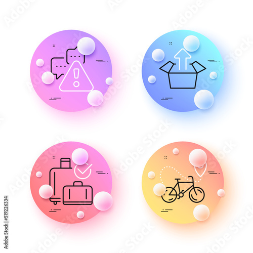 Send box, Bike delivery and Warning minimal line icons. 3d spheres or balls buttons. Baggage reclaim icons. For web, application, printing. Delivery package, Bicycle courier, Important message. Vector