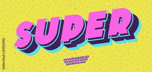 Vector super font 3d bold pop art style trendy typography sans serif style for book, promotion, poster, decoration, t shirt, banner, printing on fabric. Cool 3d bold typeface. Modern alphabet. 10 eps
