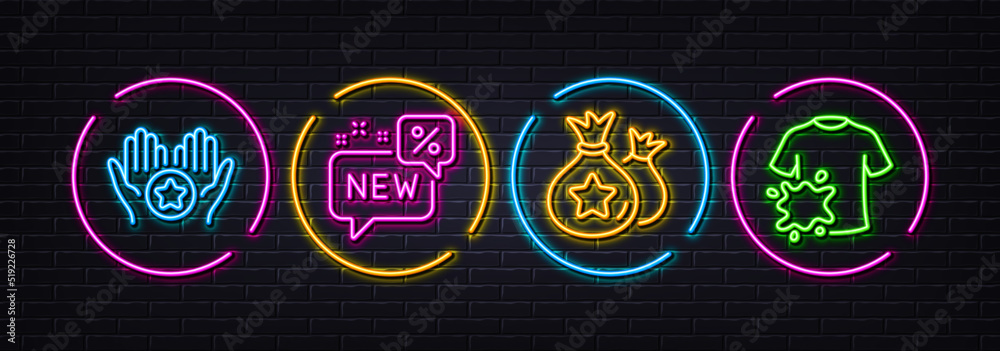 Loyalty points, Favorite and New minimal line icons. Neon laser 3d lights. Dirty t-shirt icons. For web, application, printing. Money bags, Best rating, Discount. Laundry shirt. Vector