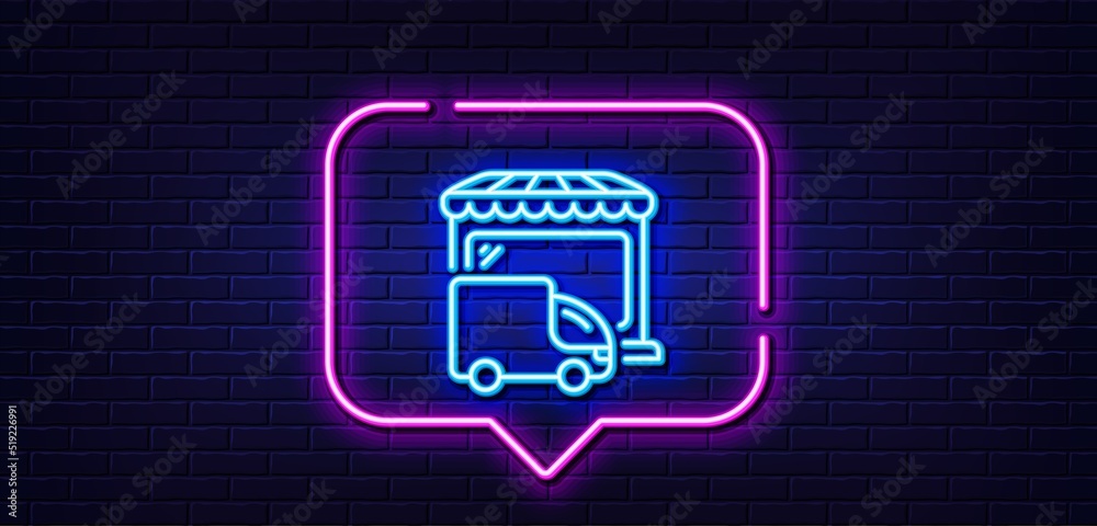 Neon light speech bubble. Delivery market line icon. Store transport sign. Retail marketplace symbol. Neon light background. Delivery truck glow line. Brick wall banner. Vector Neon light speech bubble. Delivery market line icon. Store transport sign. Retail marketplace symbol. Neon light background. Delivery truck glow line. Brick wall banner. Vector