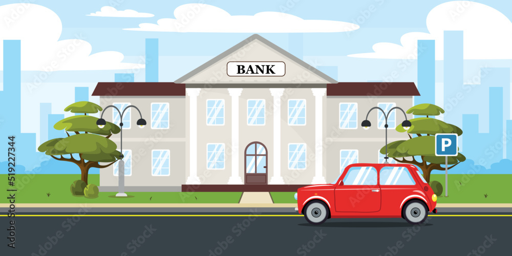 Vector illustration of bank. Cartoon urban buildings with parked cars, trees and city in the background.