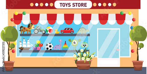 Vector illustration of a funny toy store. Cartoon urban buildings with soft toys, cars, ships, balls, decorated with flower pots.